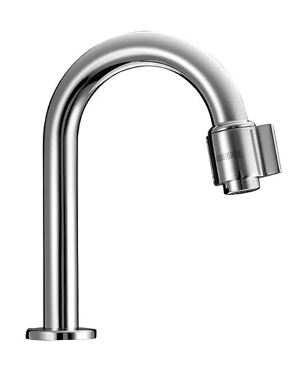 Chromfarbener Wasserhahn von HANSA mit gebogenem Auslauf. Der Wasserhahn hat einen modernen Stil und eine praktische Handhabung für den Waschtisch.